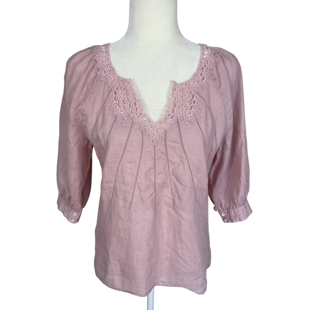 Vtg Capriccio Digna Linen Lace Button Back Blouse Pink 10 Victorian Cottage READ
